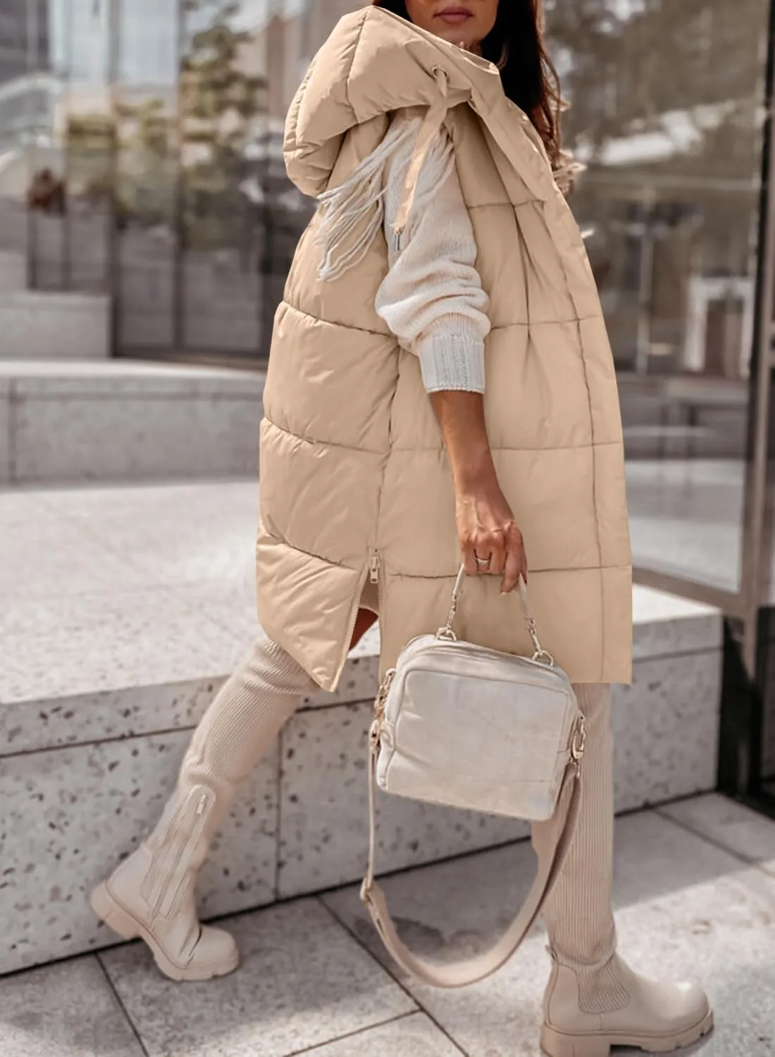 Danedvi Women's Winter Hooded Puffer Vest Side Zip up Casual Sleeveless Long Coats Jacket