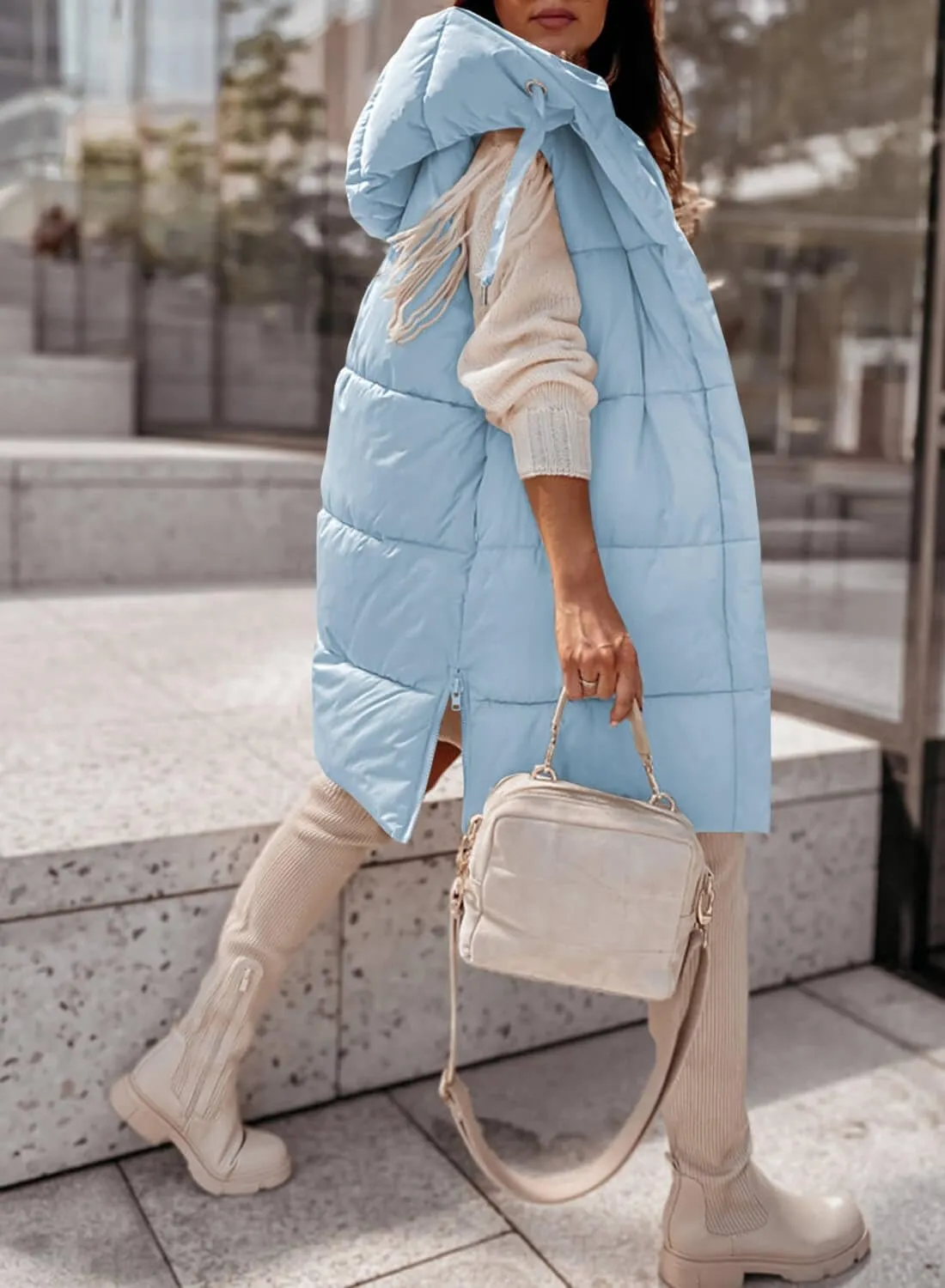 Danedvi Women's Winter Hooded Puffer Vest Side Zip up Casual Sleeveless Long Coats Jacket