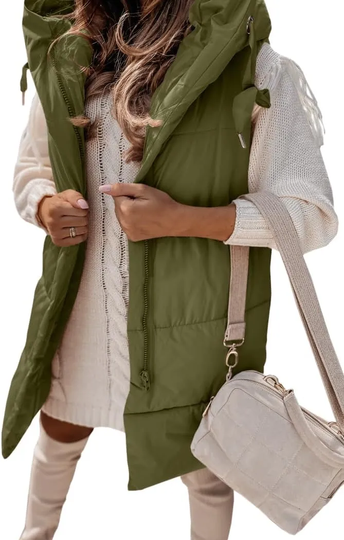 Danedvi Women's Winter Hooded Puffer Vest Side Zip up Casual Sleeveless Long Coats Jacket