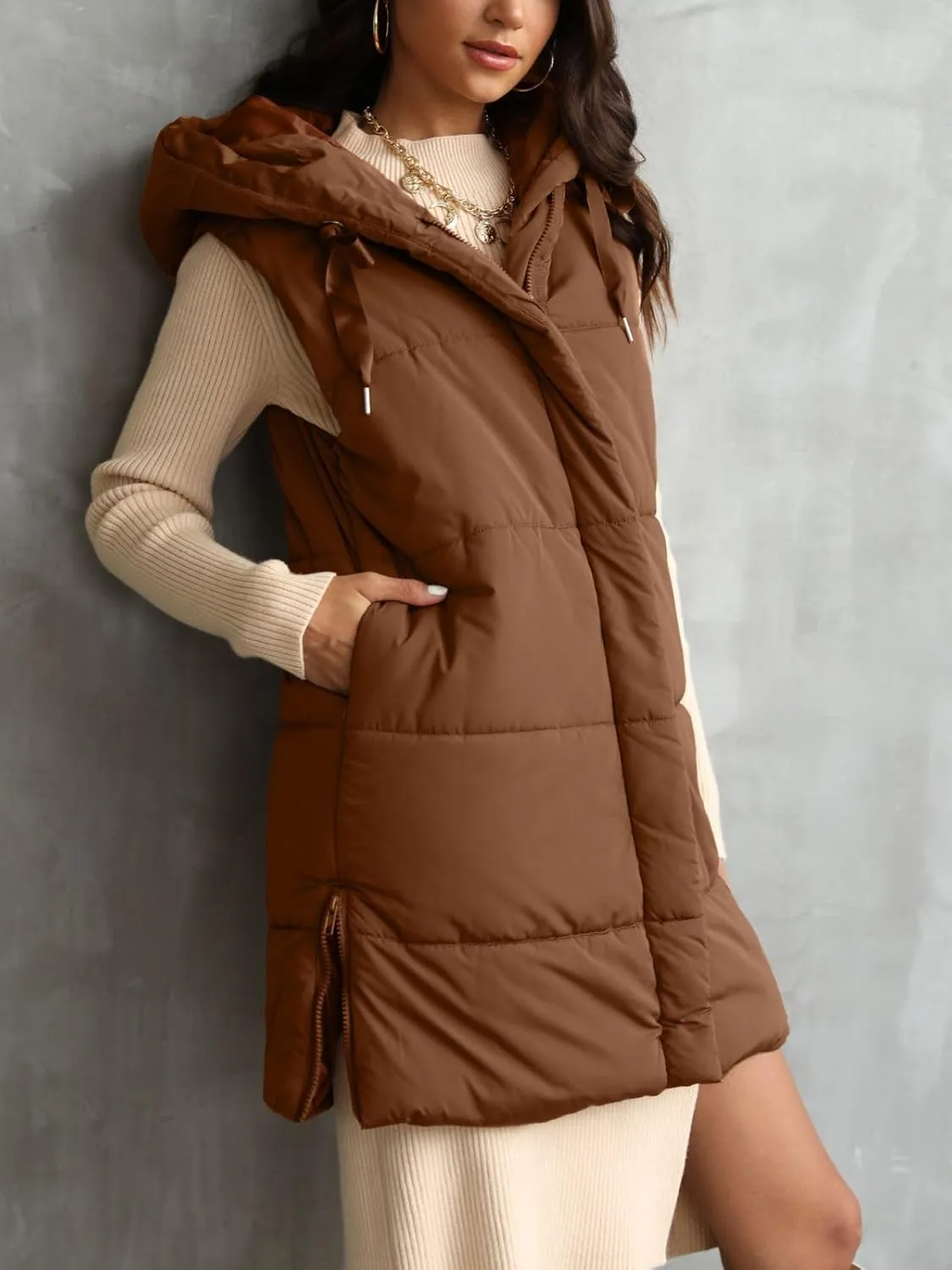 Danedvi Women's Winter Hooded Puffer Vest Side Zip up Casual Sleeveless Long Coats Jacket