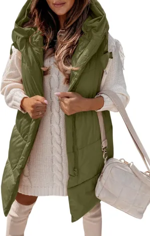 Danedvi Women's Winter Hooded Puffer Vest Side Zip up Casual Sleeveless Long Coats Jacket
