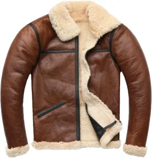 DAPPER TOGS BROWN GENUINE SHEEPSKIN SHERPA SHEARLING MEN BOMBER JACKET AVIATOR FAUX FUR LINED AIR FORCE MILITARY WARM LEATHER