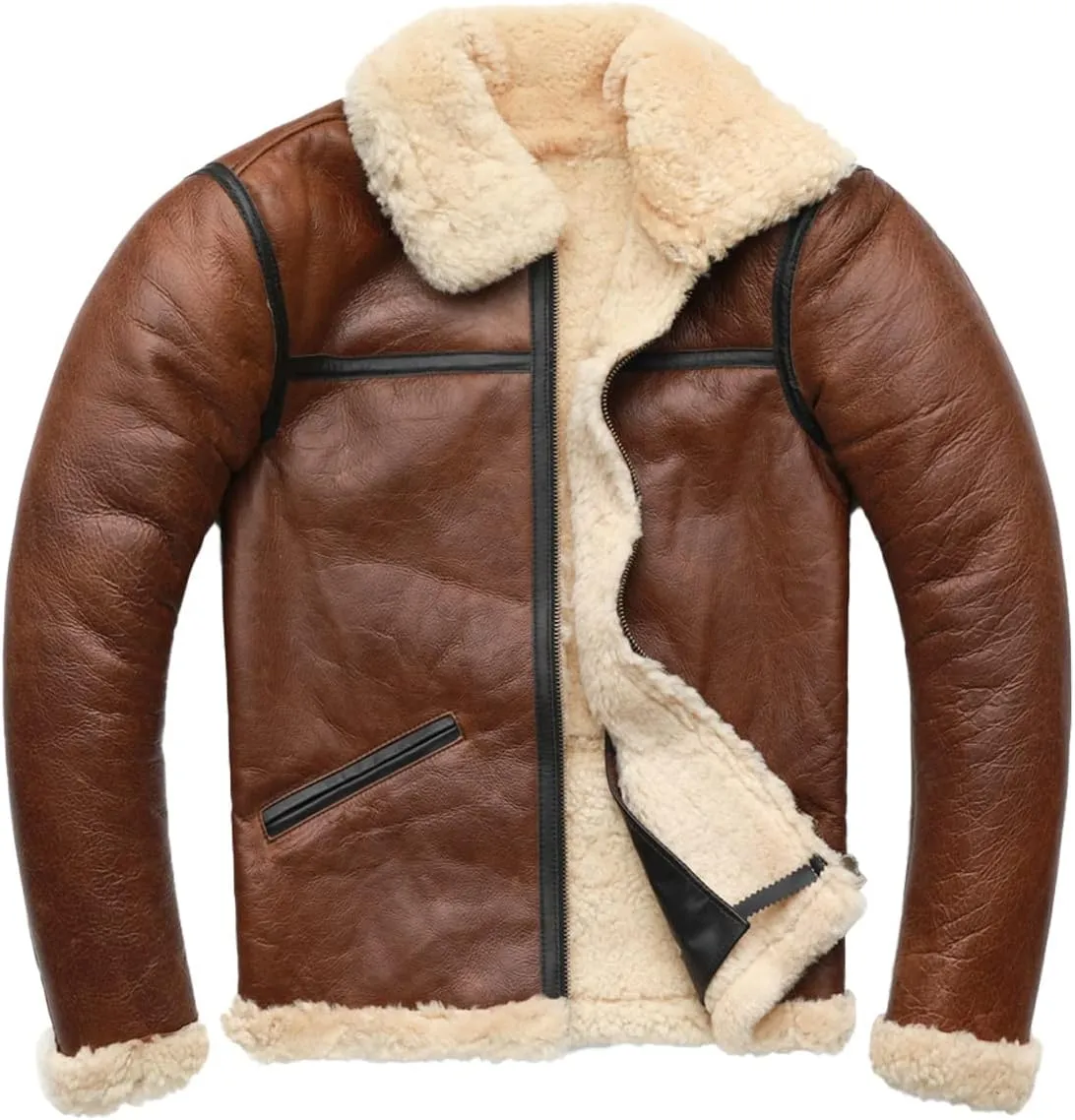 DAPPER TOGS BROWN GENUINE SHEEPSKIN SHERPA SHEARLING MEN BOMBER JACKET AVIATOR FAUX FUR LINED AIR FORCE MILITARY WARM LEATHER