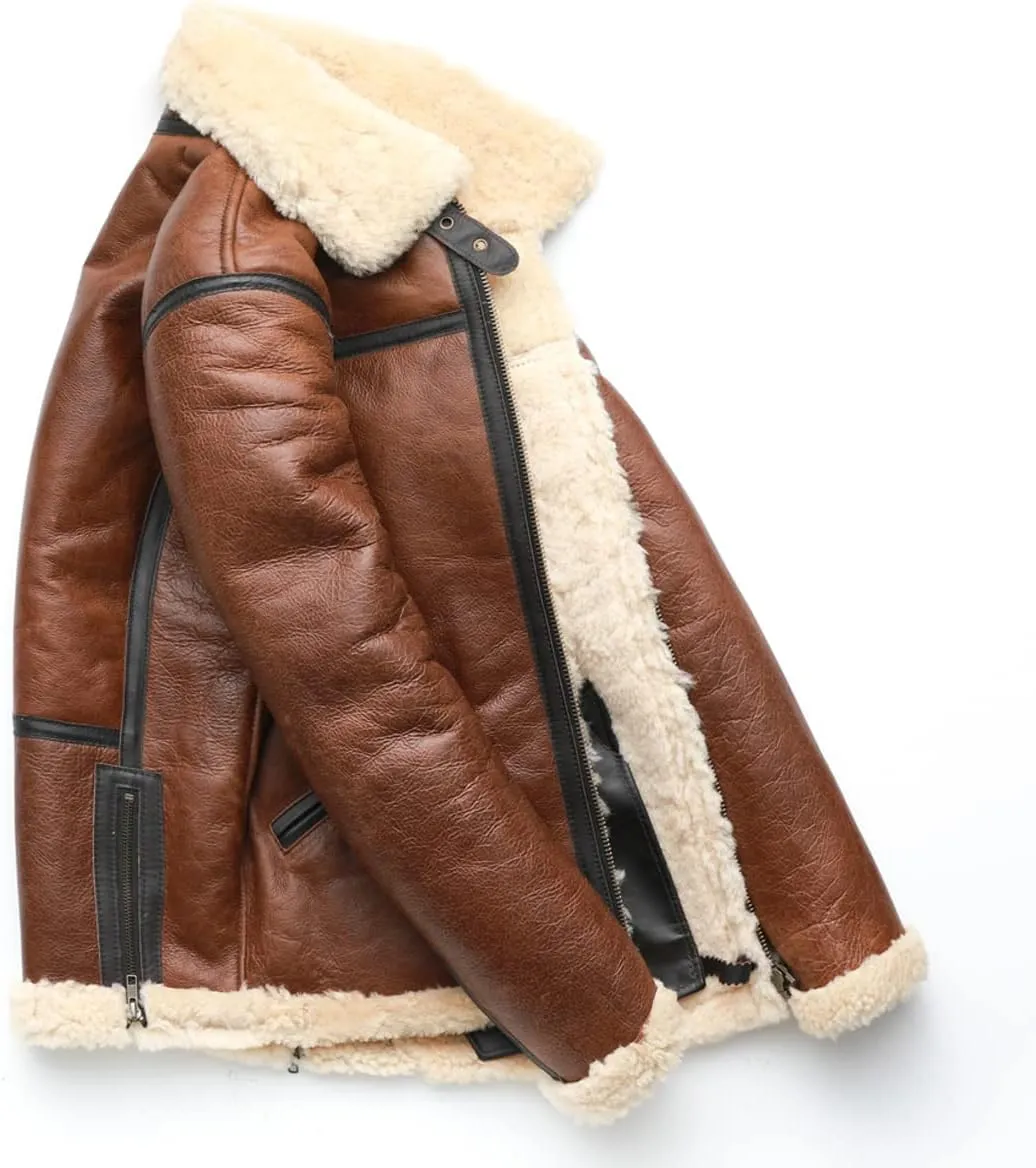 DAPPER TOGS BROWN GENUINE SHEEPSKIN SHERPA SHEARLING MEN BOMBER JACKET AVIATOR FAUX FUR LINED AIR FORCE MILITARY WARM LEATHER