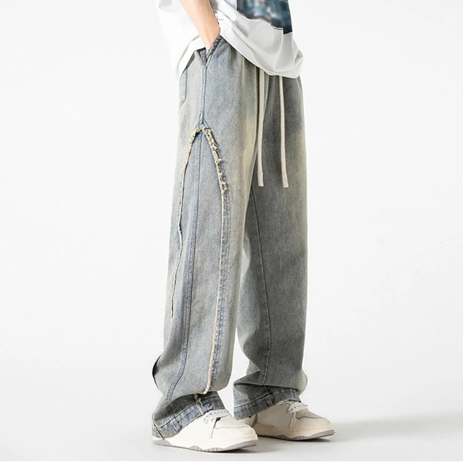 DGHM-JLMY Men's Regular Fit Straight Leg Jeans Retro Fashion Patchwork Jeans Casual Drawstring Elastic Waist Denim Pants