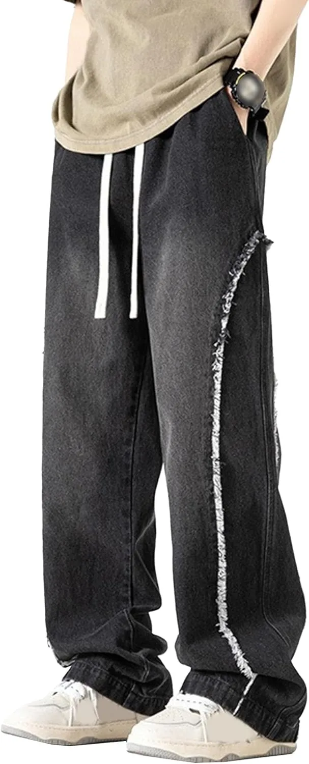 DGHM-JLMY Men's Regular Fit Straight Leg Jeans Retro Fashion Patchwork Jeans Casual Drawstring Elastic Waist Denim Pants