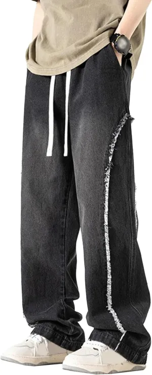 DGHM-JLMY Men's Regular Fit Straight Leg Jeans Retro Fashion Patchwork Jeans Casual Drawstring Elastic Waist Denim Pants