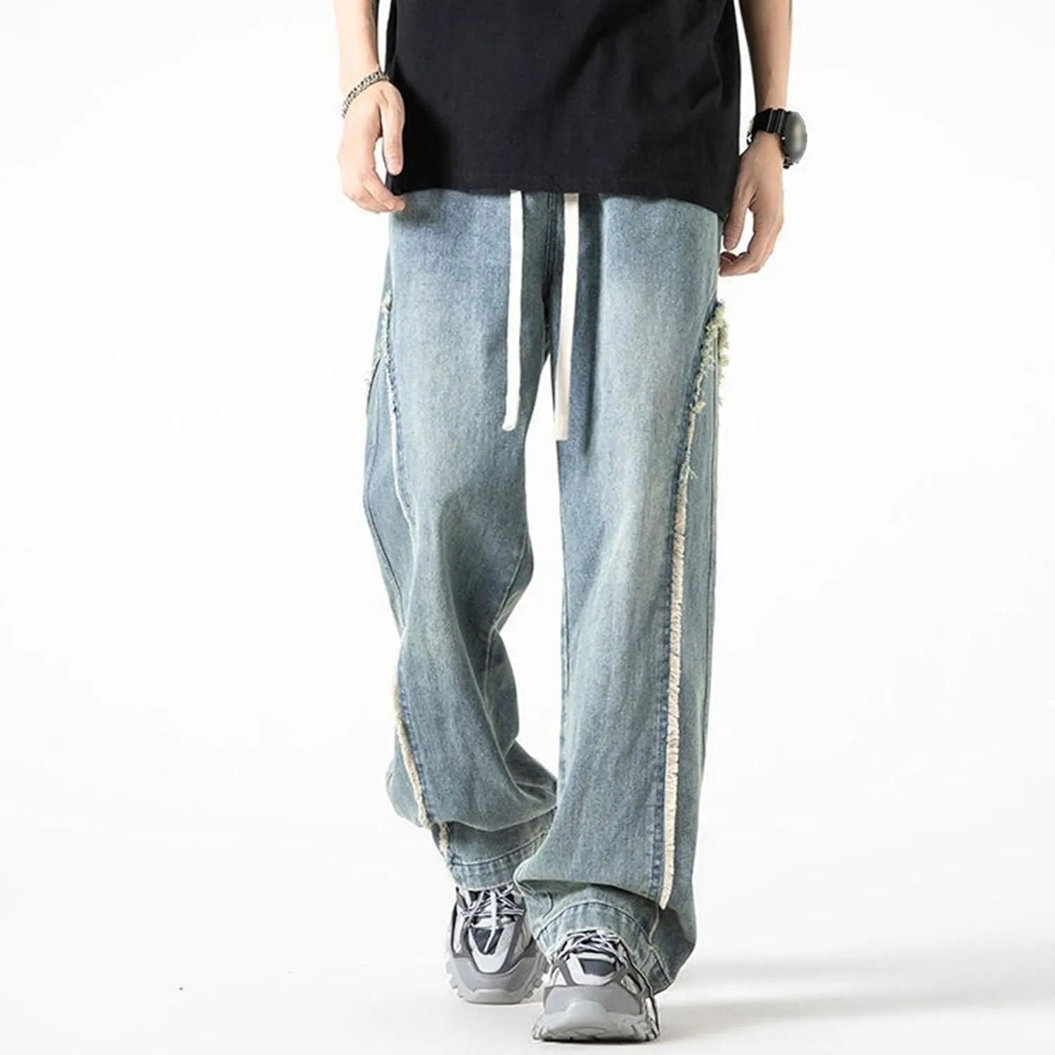 DGHM-JLMY Men's Regular Fit Straight Leg Jeans Retro Fashion Patchwork Jeans Casual Drawstring Elastic Waist Denim Pants