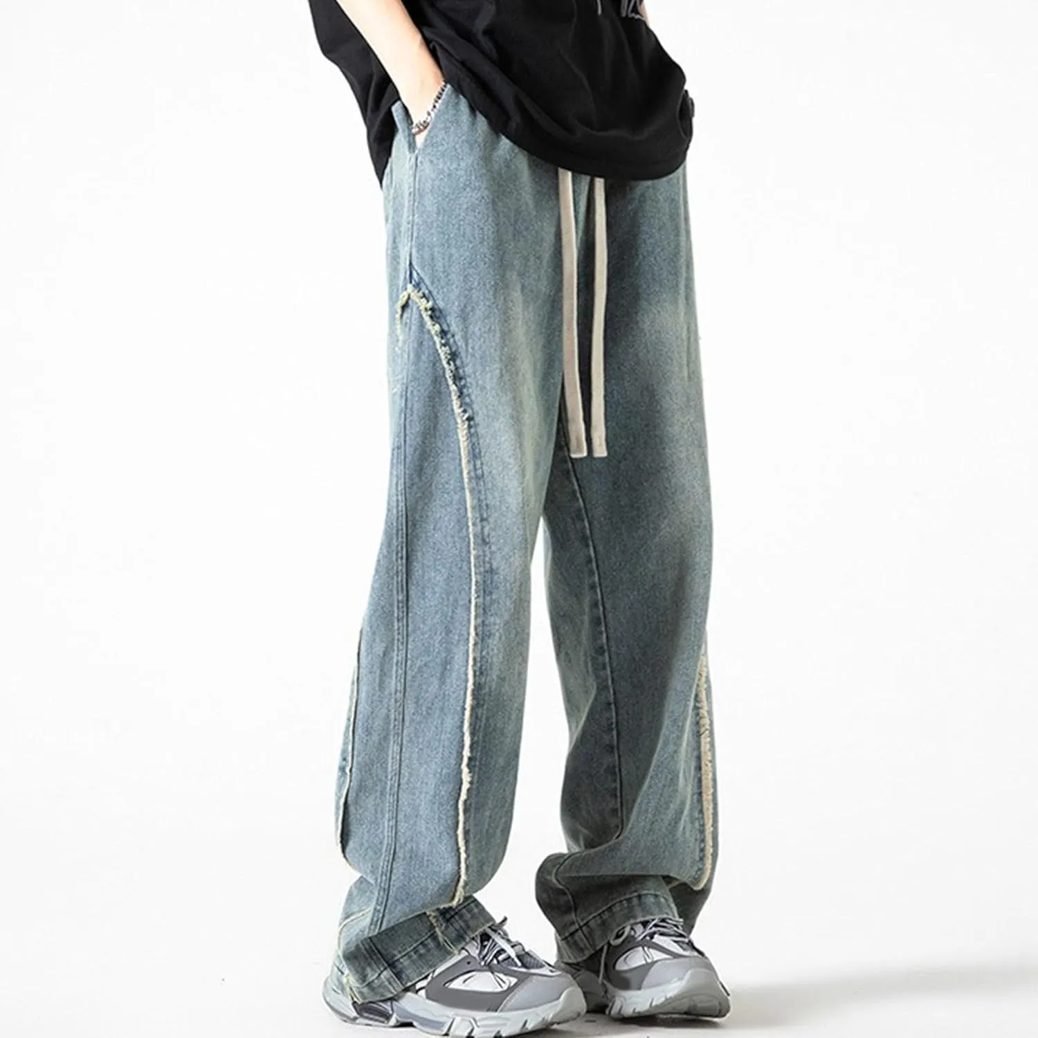 DGHM-JLMY Men's Regular Fit Straight Leg Jeans Retro Fashion Patchwork Jeans Casual Drawstring Elastic Waist Denim Pants