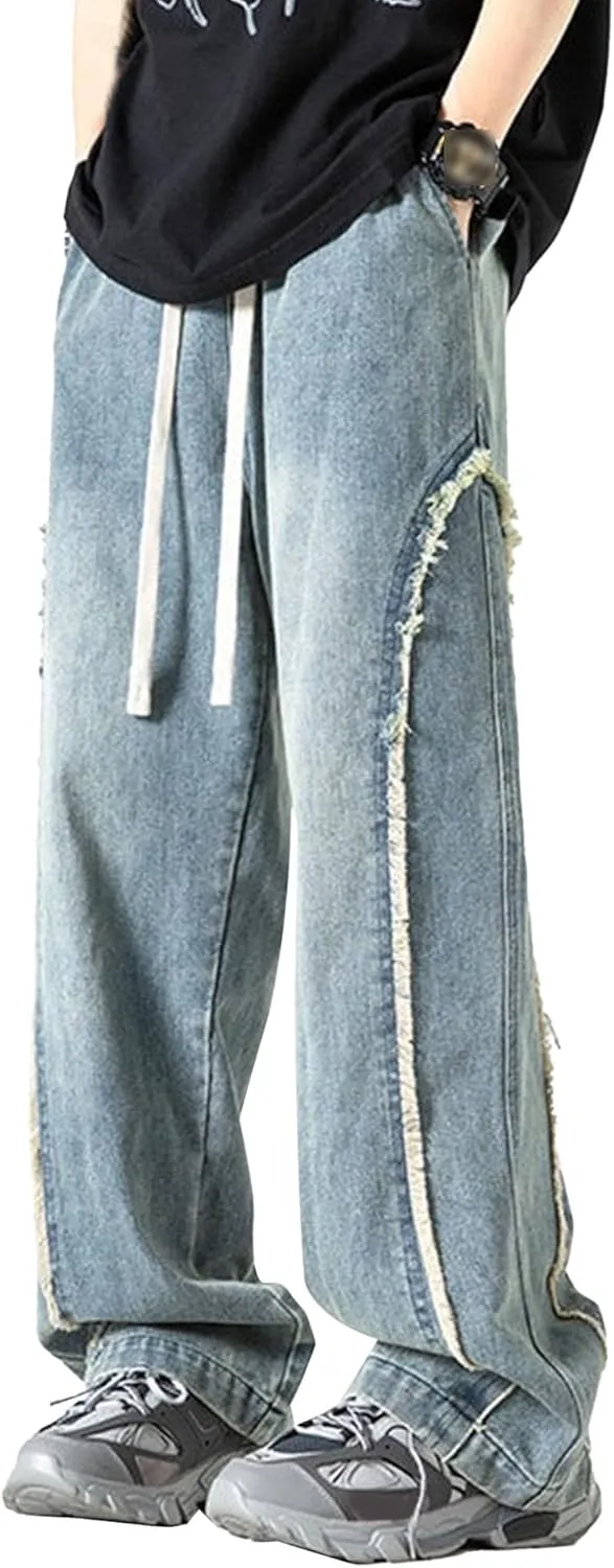 DGHM-JLMY Men's Regular Fit Straight Leg Jeans Retro Fashion Patchwork Jeans Casual Drawstring Elastic Waist Denim Pants