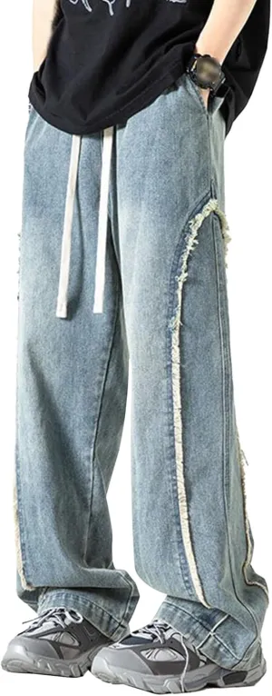 DGHM-JLMY Men's Regular Fit Straight Leg Jeans Retro Fashion Patchwork Jeans Casual Drawstring Elastic Waist Denim Pants