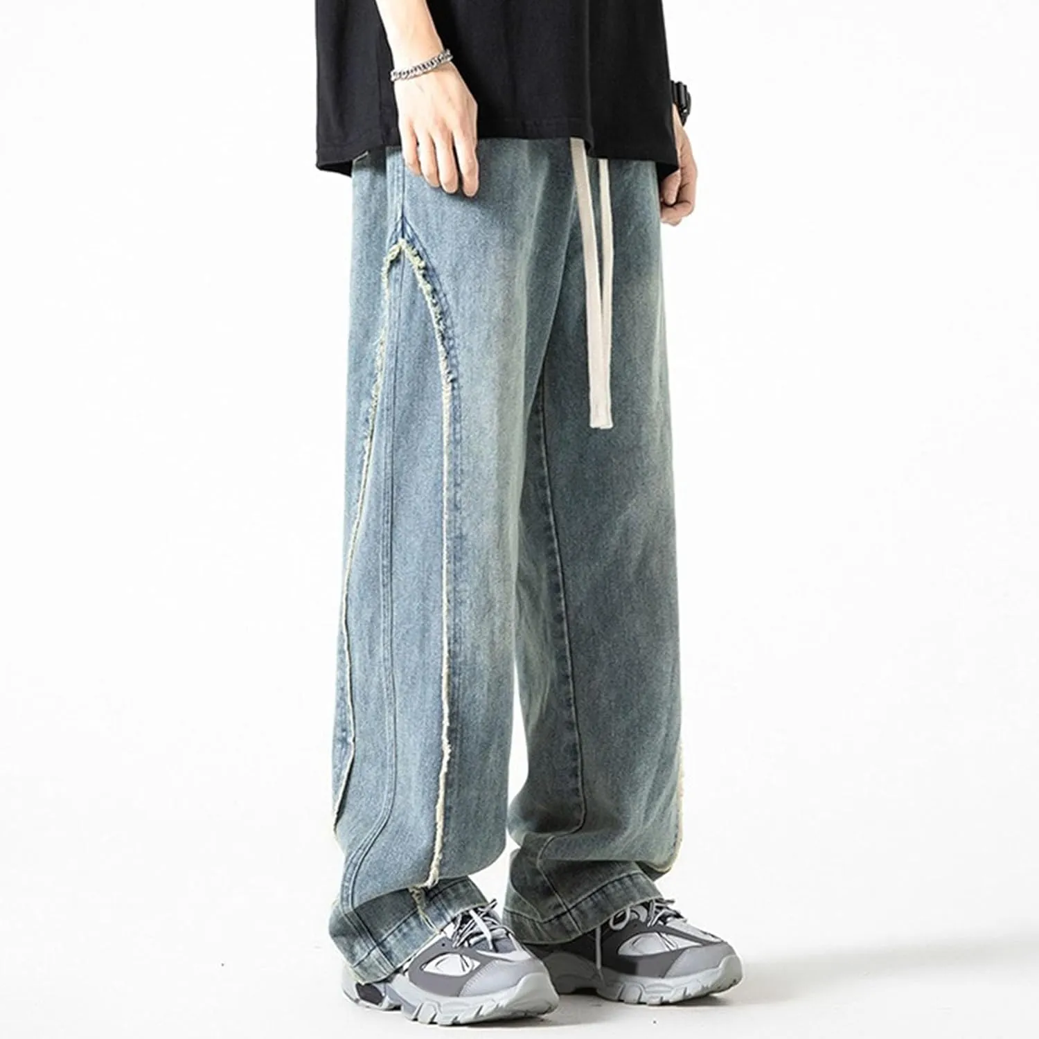DGHM-JLMY Men's Regular Fit Straight Leg Jeans Retro Fashion Patchwork Jeans Casual Drawstring Elastic Waist Denim Pants