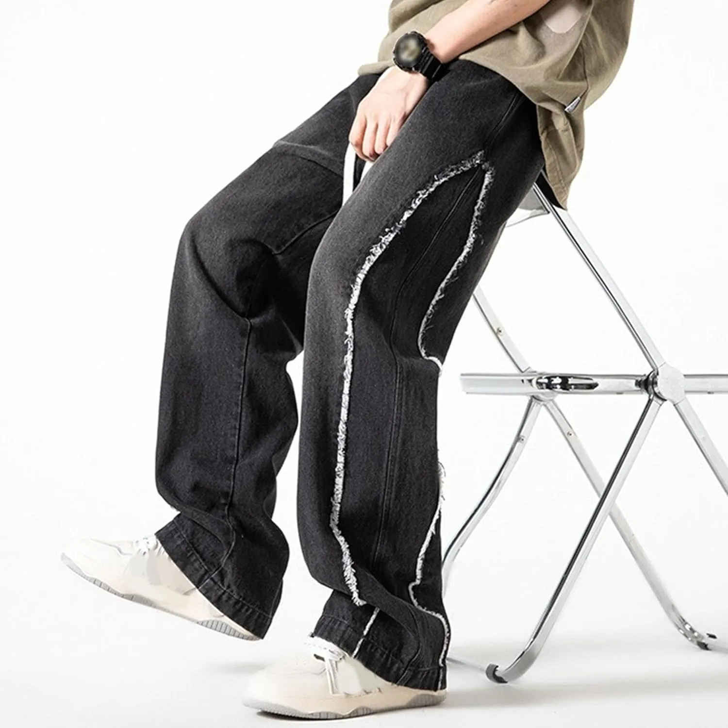 DGHM-JLMY Men's Regular Fit Straight Leg Jeans Retro Fashion Patchwork Jeans Casual Drawstring Elastic Waist Denim Pants