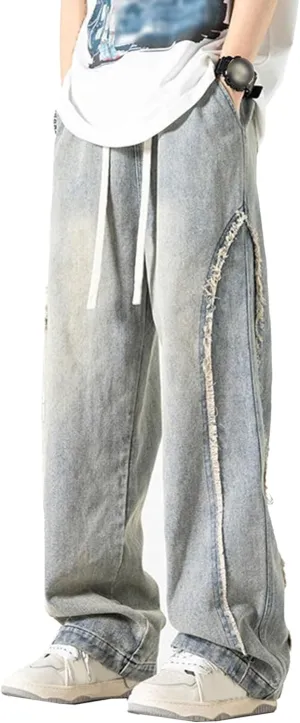 DGHM-JLMY Men's Regular Fit Straight Leg Jeans Retro Fashion Patchwork Jeans Casual Drawstring Elastic Waist Denim Pants