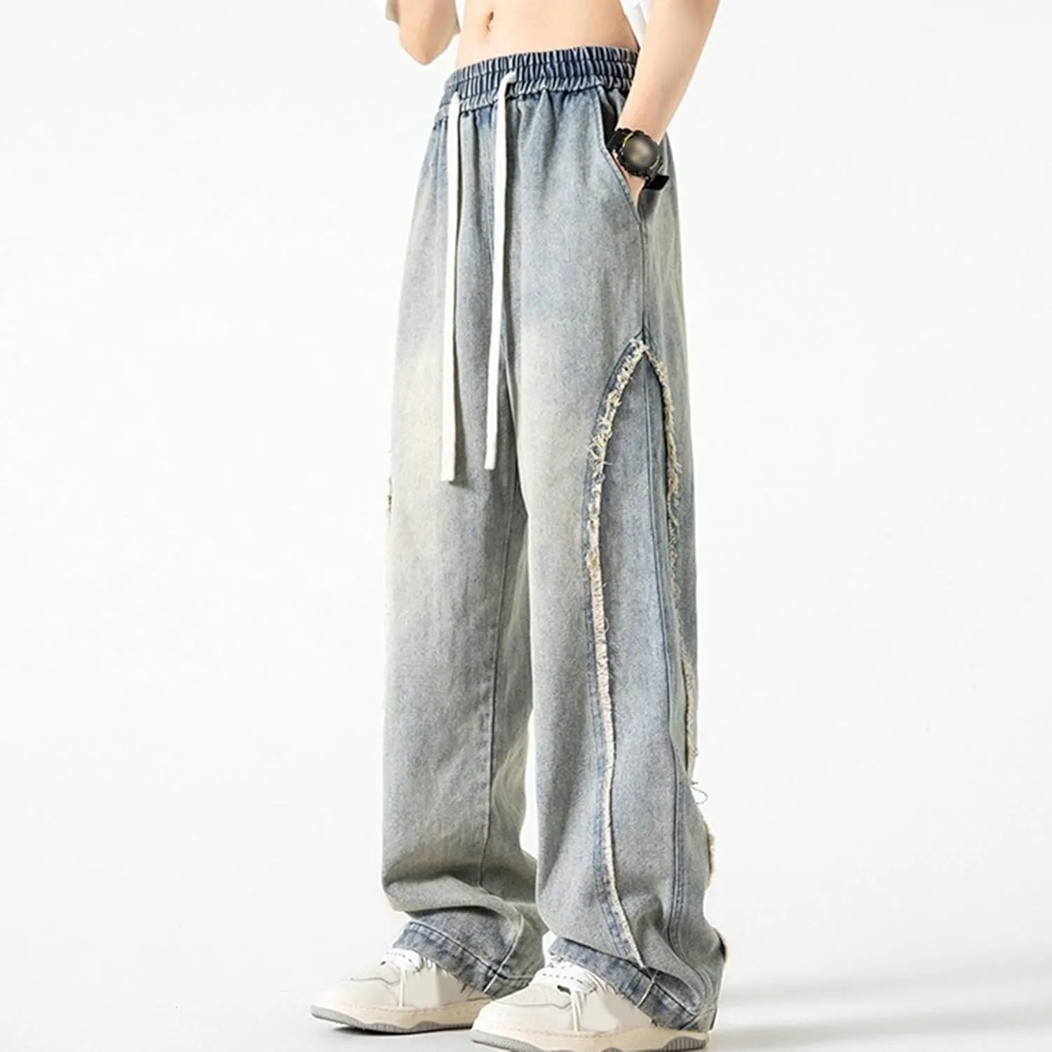DGHM-JLMY Men's Regular Fit Straight Leg Jeans Retro Fashion Patchwork Jeans Casual Drawstring Elastic Waist Denim Pants