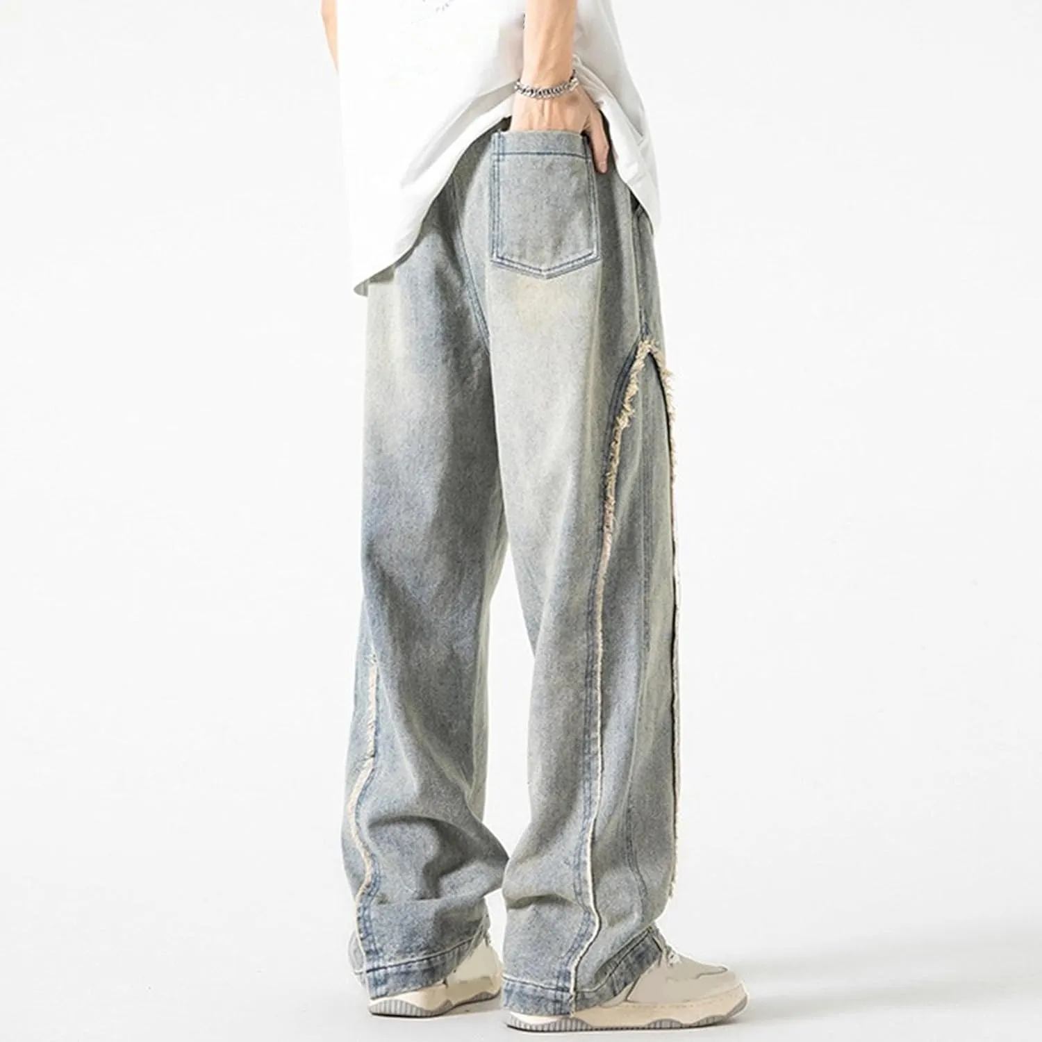 DGHM-JLMY Men's Regular Fit Straight Leg Jeans Retro Fashion Patchwork Jeans Casual Drawstring Elastic Waist Denim Pants
