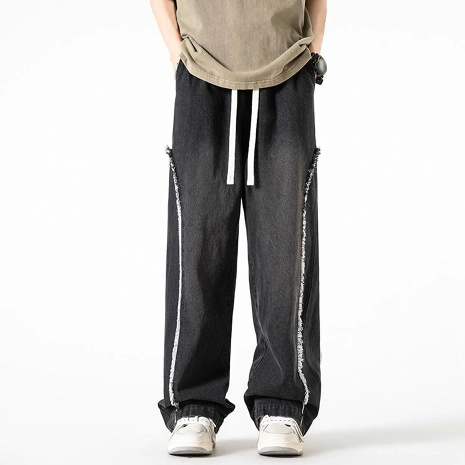 DGHM-JLMY Men's Regular Fit Straight Leg Jeans Retro Fashion Patchwork Jeans Casual Drawstring Elastic Waist Denim Pants