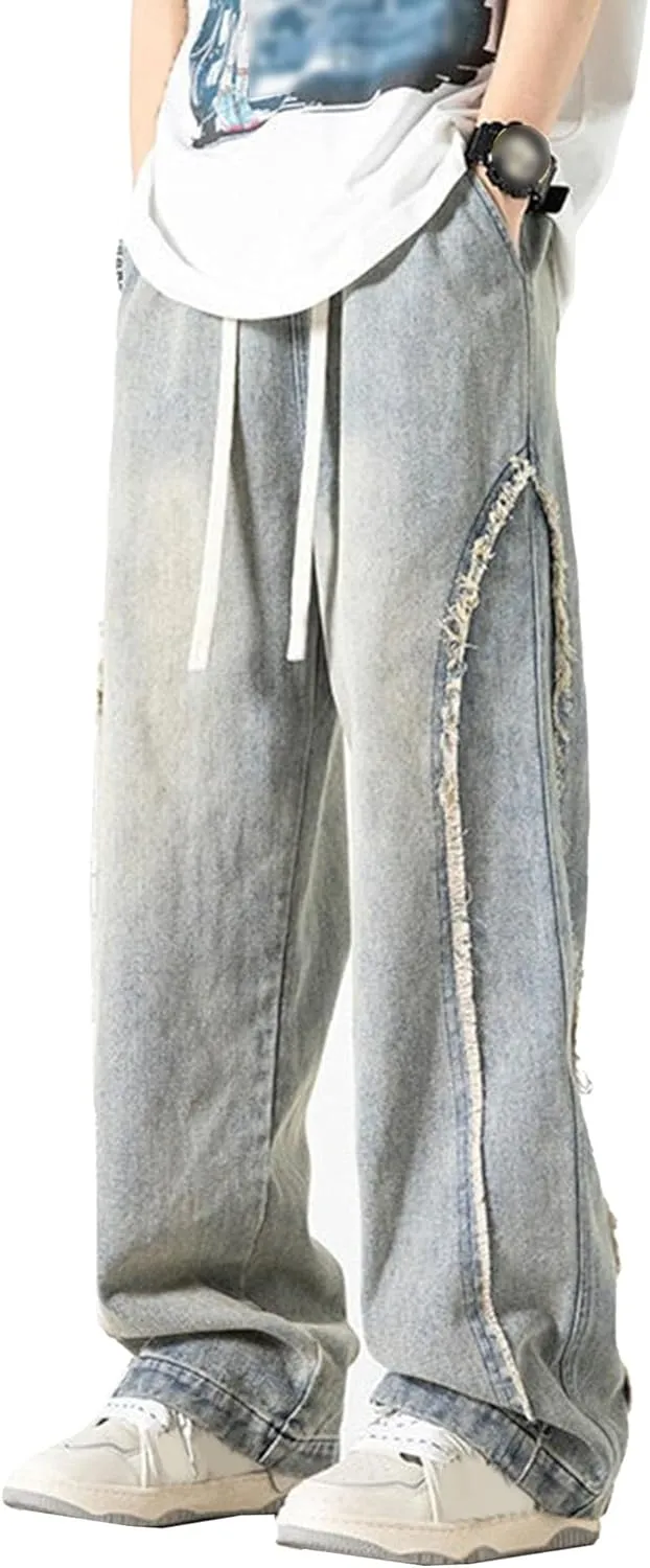 DGHM-JLMY Men's Regular Fit Straight Leg Jeans Retro Fashion Patchwork Jeans Casual Drawstring Elastic Waist Denim Pants
