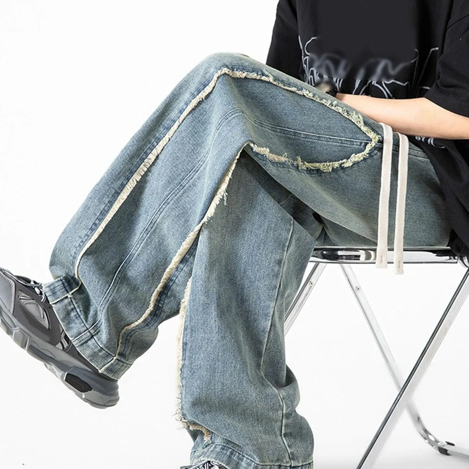 DGHM-JLMY Men's Regular Fit Straight Leg Jeans Retro Fashion Patchwork Jeans Casual Drawstring Elastic Waist Denim Pants