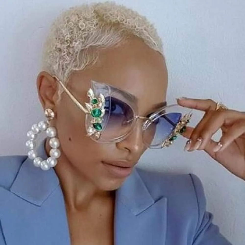 Diamond Oversized Sunglasses Women Cat Eye Sunglasses Transparent Frame Vintage Shades