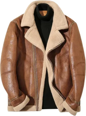 Distressed Brown B3 Genuine Sheepskin Sherpa Shearling Faux Fur Lined Men's Bomber Aviator Pilot Leather Jacket