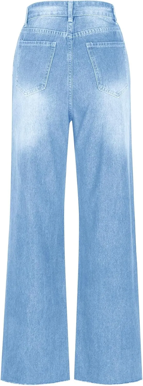 Distressed Wide Leg Jeans for Women High Waisted Loose Ripped Boyfriend Jeans Y2K Stretch Denim Jean Pants Streetwear