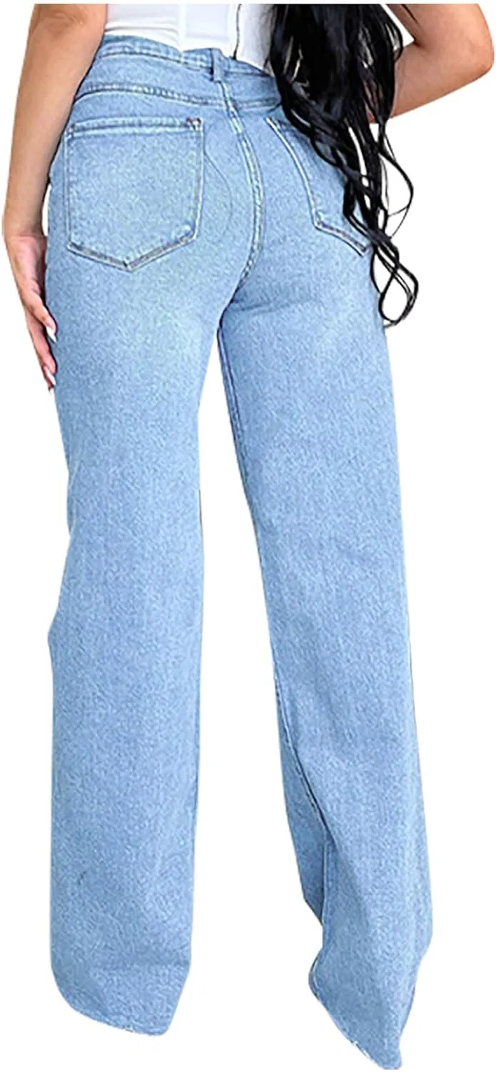 Distressed Wide Leg Jeans for Women High Waisted Loose Ripped Boyfriend Jeans Y2K Stretch Denim Jean Pants Streetwear