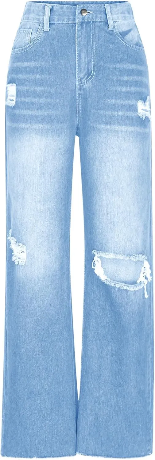 Distressed Wide Leg Jeans for Women High Waisted Loose Ripped Boyfriend Jeans Y2K Stretch Denim Jean Pants Streetwear