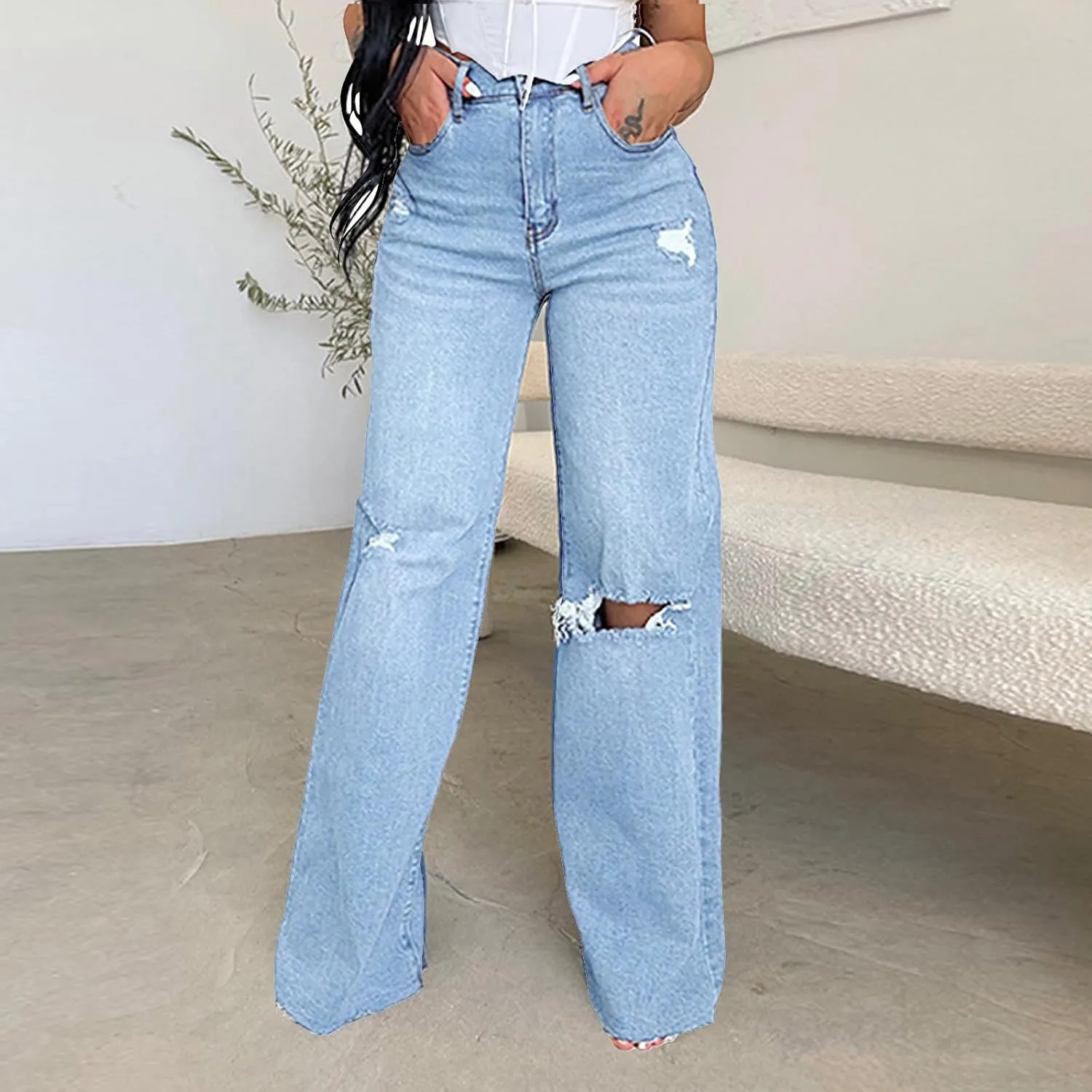 Distressed Wide Leg Jeans for Women High Waisted Loose Ripped Boyfriend Jeans Y2K Stretch Denim Jean Pants Streetwear