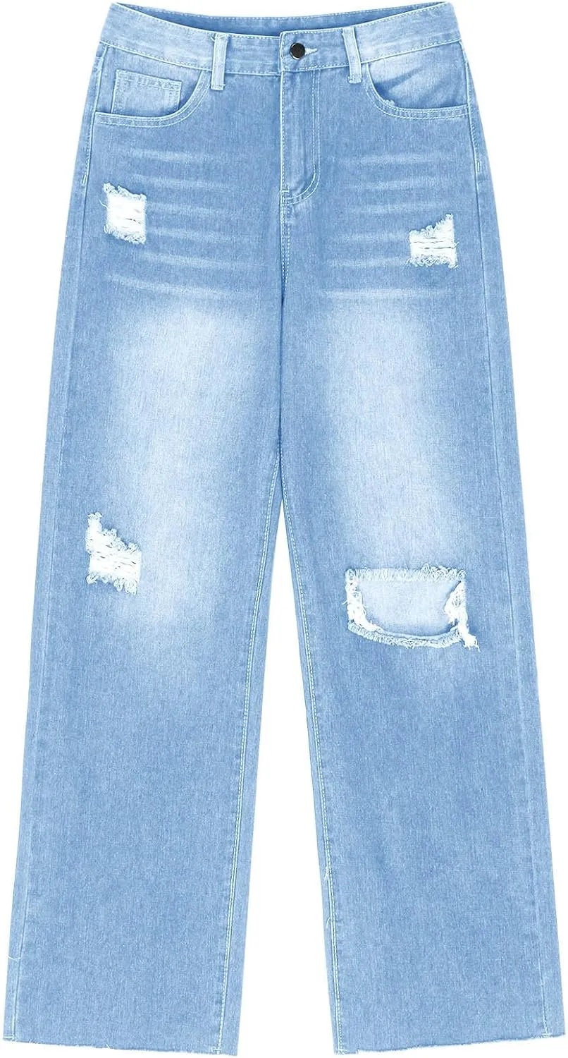 Distressed Wide Leg Jeans for Women High Waisted Loose Ripped Boyfriend Jeans Y2K Stretch Denim Jean Pants Streetwear