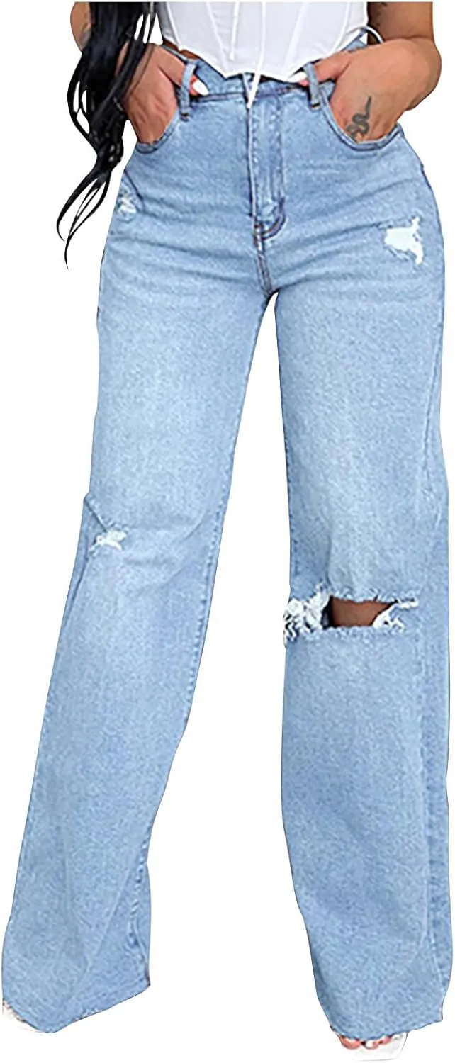 Distressed Wide Leg Jeans for Women High Waisted Loose Ripped Boyfriend Jeans Y2K Stretch Denim Jean Pants Streetwear