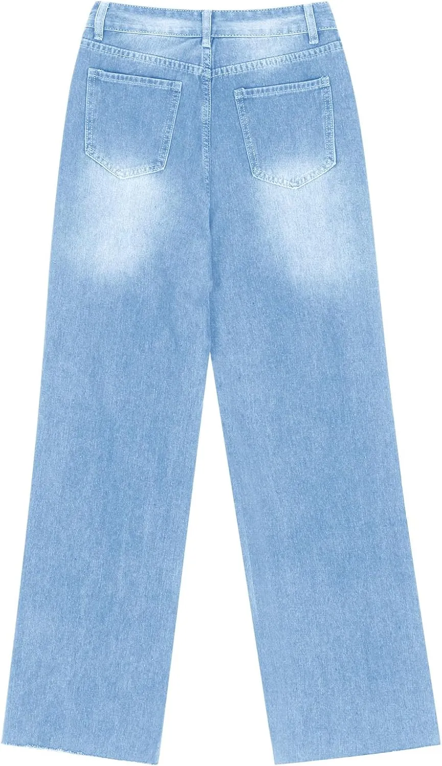 Distressed Wide Leg Jeans for Women High Waisted Loose Ripped Boyfriend Jeans Y2K Stretch Denim Jean Pants Streetwear