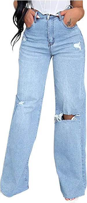 Distressed Wide Leg Jeans for Women High Waisted Loose Ripped Boyfriend Jeans Y2K Stretch Denim Jean Pants Streetwear