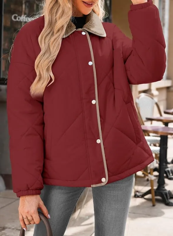 Dokotoo Women's Winter Casual Quilted Jackets Long Sleeve Button Down Puffer Jacket Padded Outerwear Coats