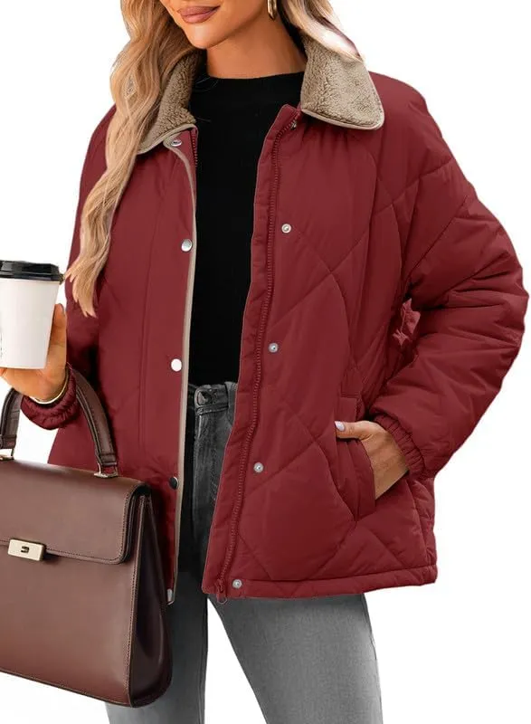Dokotoo Women's Winter Casual Quilted Jackets Long Sleeve Button Down Puffer Jacket Padded Outerwear Coats