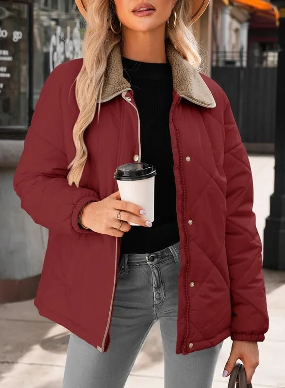 Dokotoo Women's Winter Casual Quilted Jackets Long Sleeve Button Down Puffer Jacket Padded Outerwear Coats