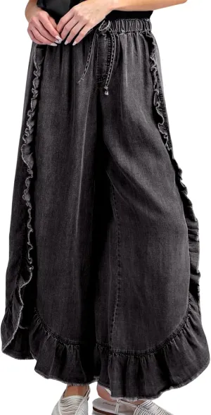 ebossy Womens Ruffle Wide Leg Denim Pants Elastic High Waisted Palazzo Pants Boho Flowy Jeans Culottes
