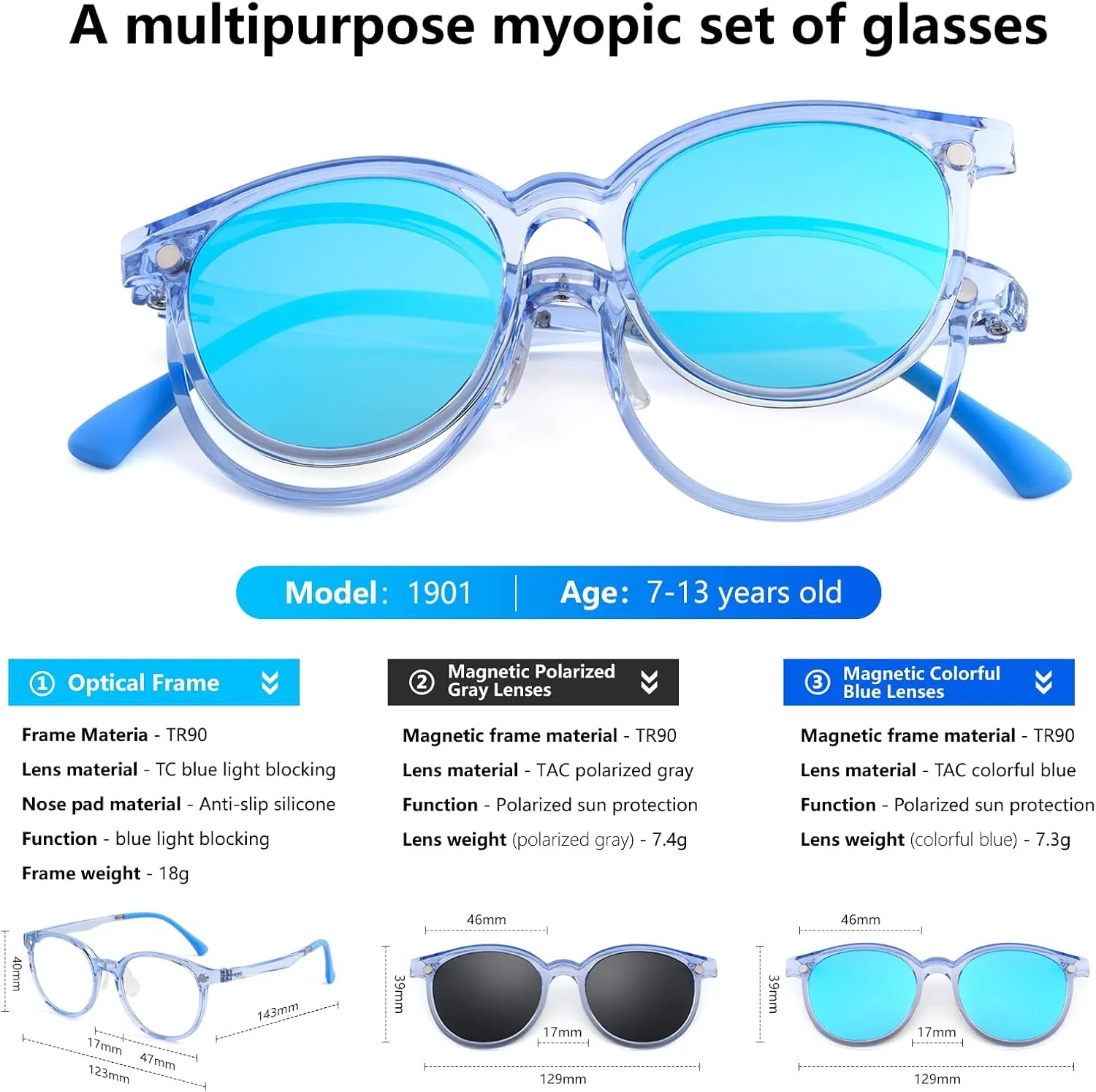EYEBUDDY Kids Magnetic Clip-On Sunglasses, UV Polarized Sunglasses for Boys and Girls (1 Frame 2pc Magnetic Lens Holders)