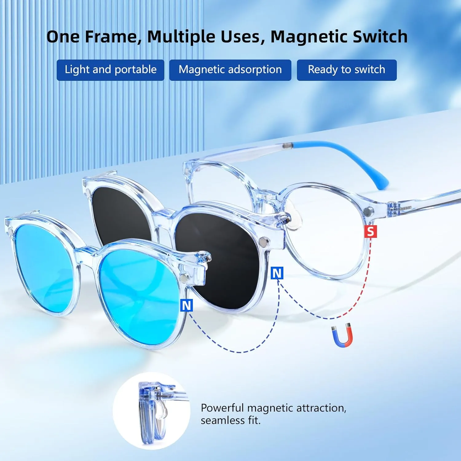 EYEBUDDY Kids Magnetic Clip-On Sunglasses, UV Polarized Sunglasses for Boys and Girls (1 Frame 2pc Magnetic Lens Holders)