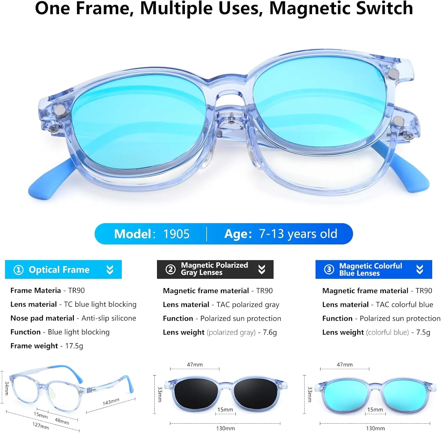 EYEBUDDY Kids Magnetic Clip-On Sunglasses, UV Polarized Sunglasses for Boys and Girls (1 Frame 2pc Magnetic Lens Holders)