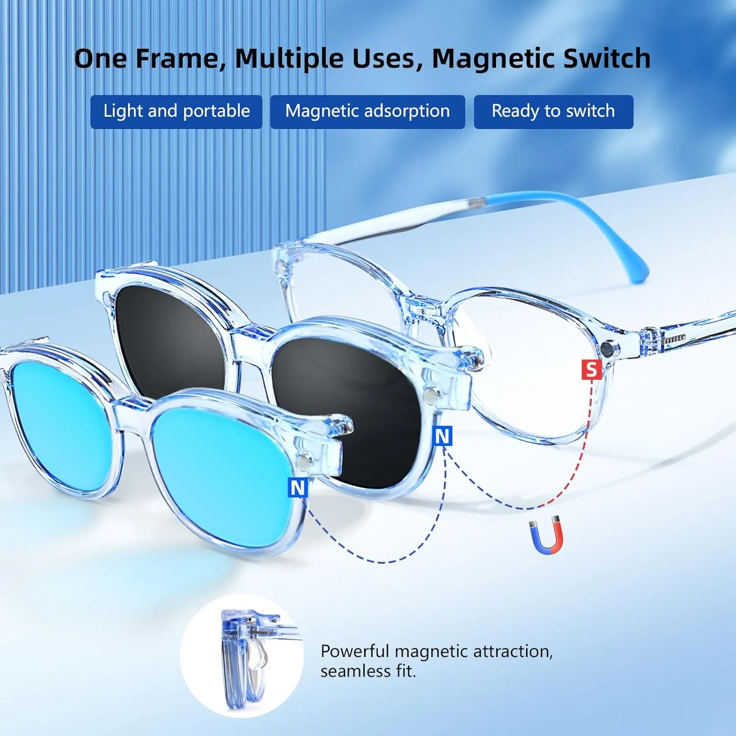 EYEBUDDY Kids Magnetic Clip-On Sunglasses, UV Polarized Sunglasses for Boys and Girls (1 Frame 2pc Magnetic Lens Holders)