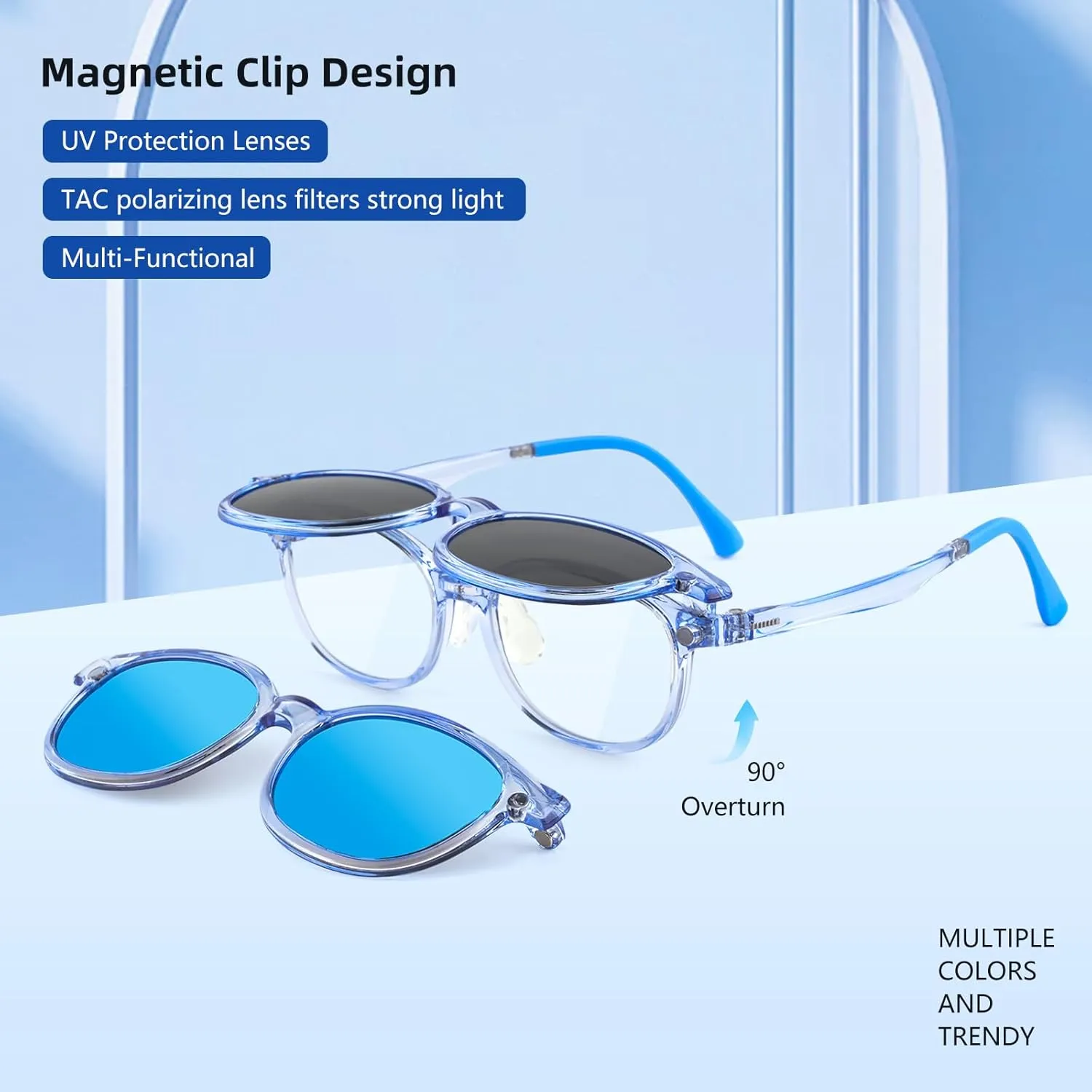 EYEBUDDY Kids Magnetic Clip-On Sunglasses, UV Polarized Sunglasses for Boys and Girls (1 Frame 2pc Magnetic Lens Holders)