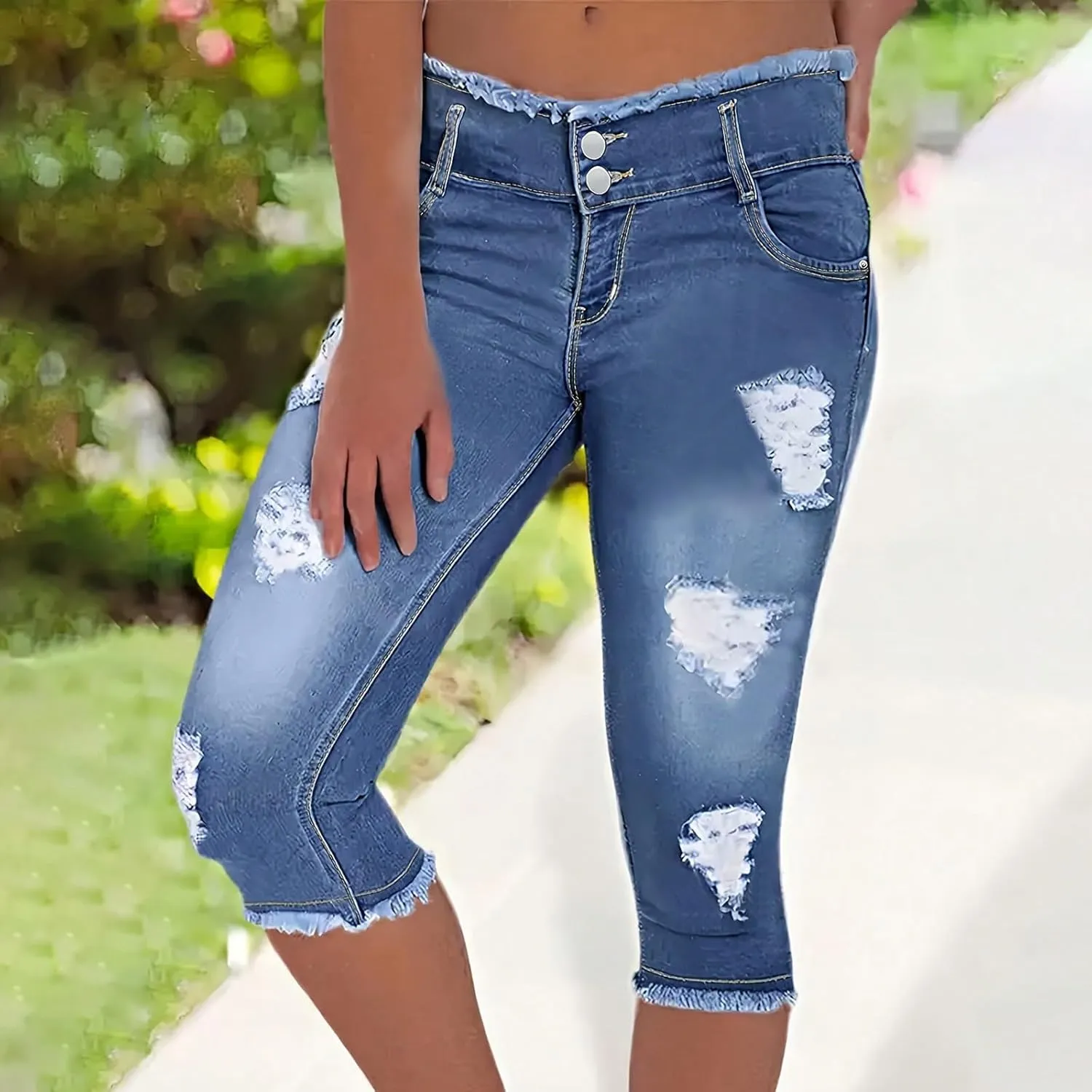 fanmpghleoo Capri Jeans for Women Stretch Frayed Hem Ripped Jeans Lightweight Denim Capris with Pockets Summer Denim Joggers