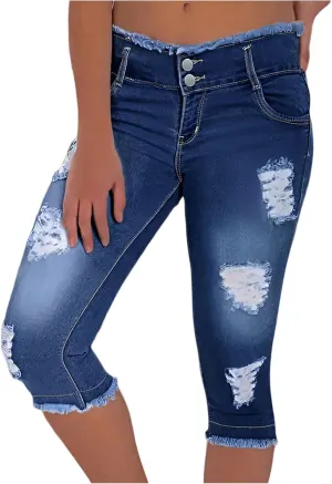 fanmpghleoo Capri Jeans for Women Stretch Frayed Hem Ripped Jeans Lightweight Denim Capris with Pockets Summer Denim Joggers