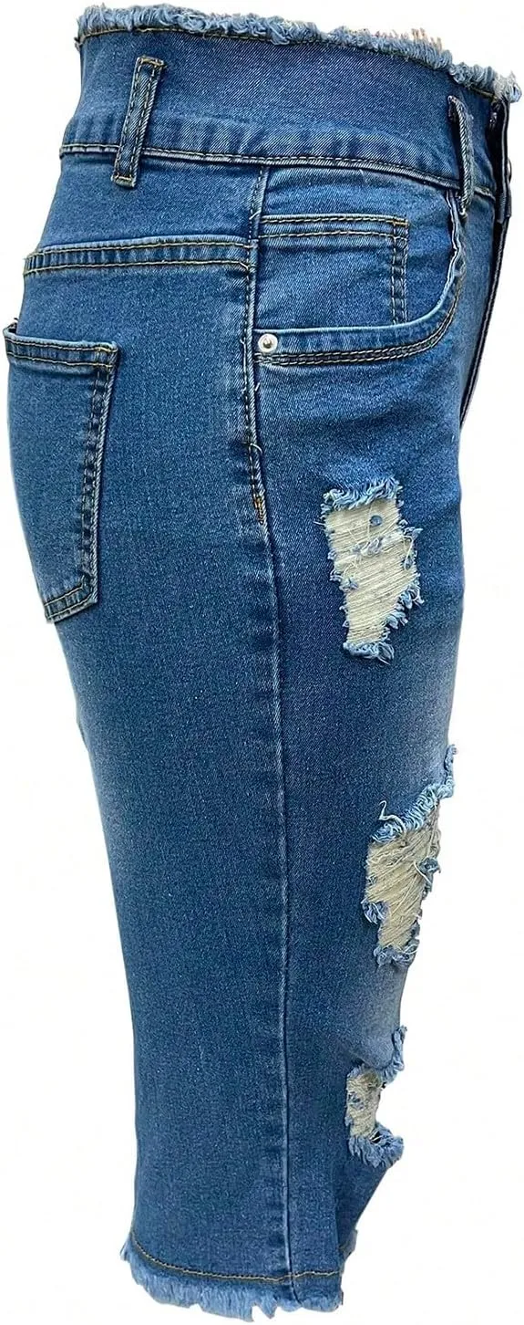fanmpghleoo Capri Jeans for Women Stretch Frayed Hem Ripped Jeans Lightweight Denim Capris with Pockets Summer Denim Joggers