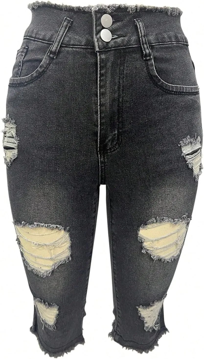 fanmpghleoo Capri Jeans for Women Stretch Frayed Hem Ripped Jeans Lightweight Denim Capris with Pockets Summer Denim Joggers