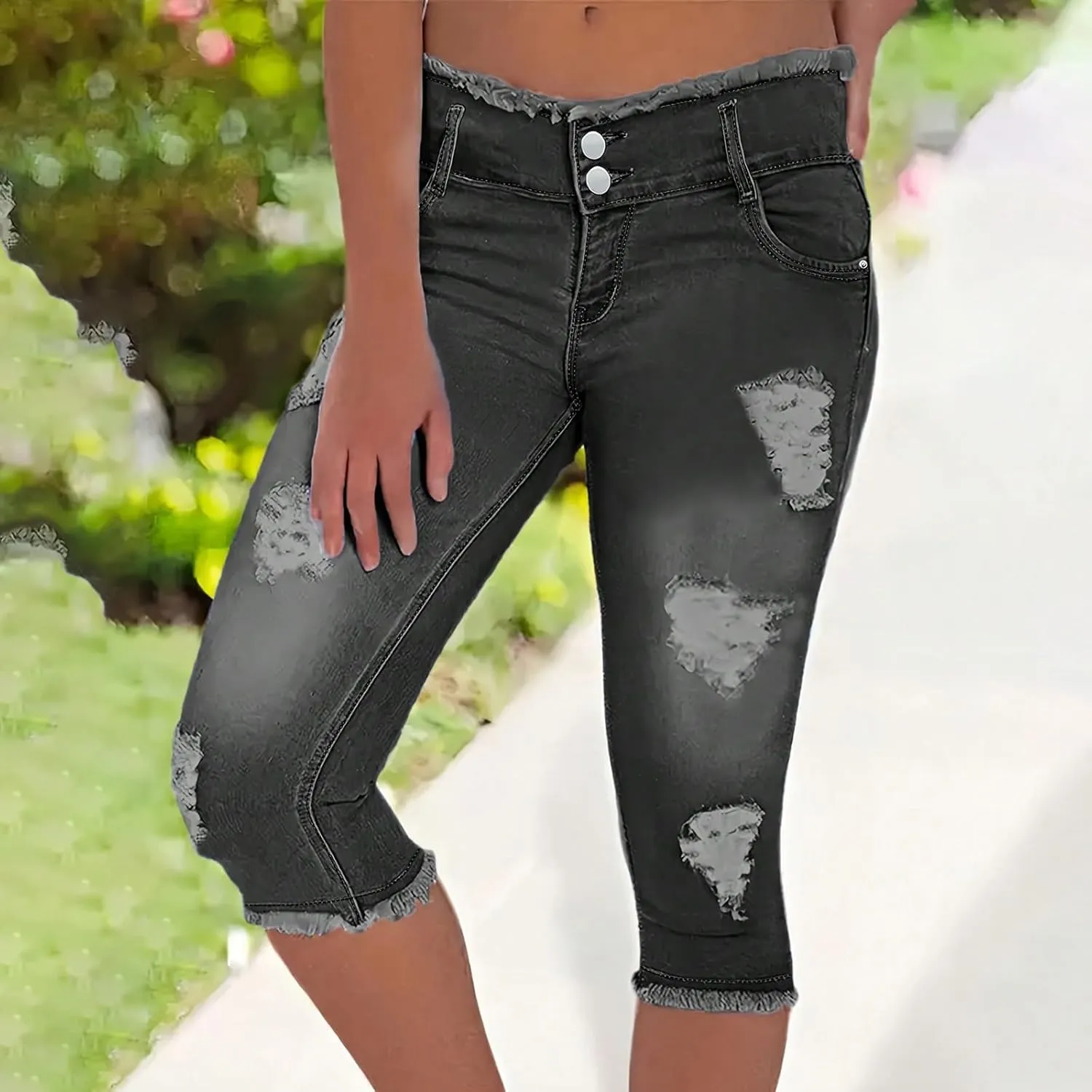fanmpghleoo Capri Jeans for Women Stretch Frayed Hem Ripped Jeans Lightweight Denim Capris with Pockets Summer Denim Joggers