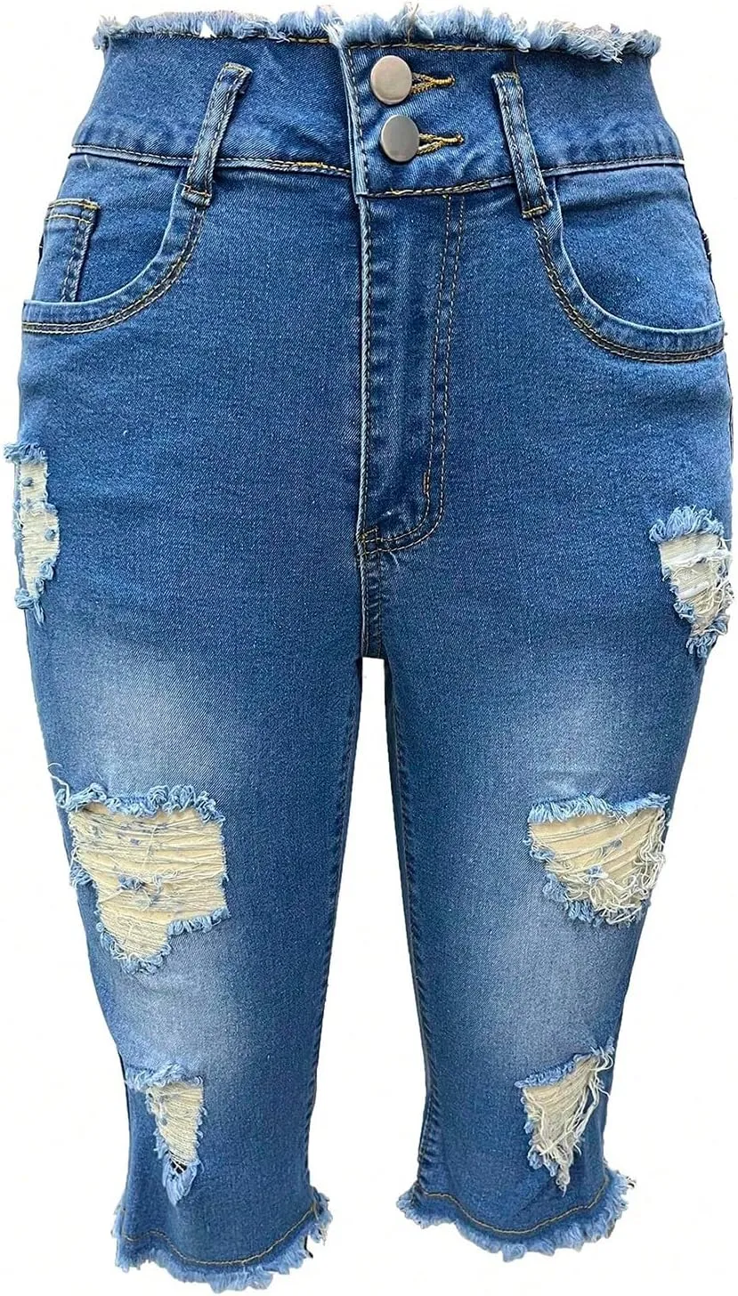 fanmpghleoo Capri Jeans for Women Stretch Frayed Hem Ripped Jeans Lightweight Denim Capris with Pockets Summer Denim Joggers