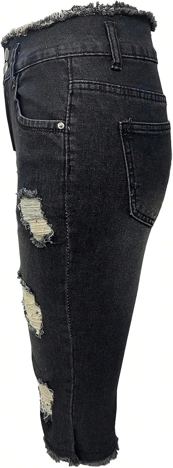 fanmpghleoo Capri Jeans for Women Stretch Frayed Hem Ripped Jeans Lightweight Denim Capris with Pockets Summer Denim Joggers