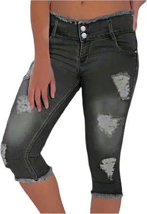 fanmpghleoo Capri Jeans for Women Stretch Frayed Hem Ripped Jeans Lightweight Denim Capris with Pockets Summer Denim Joggers